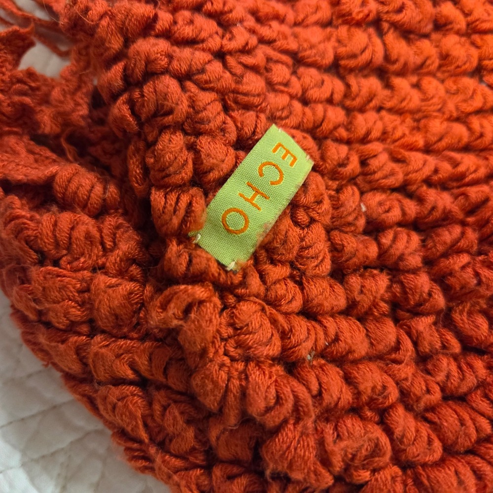 Echo Burnt Orange Chunky Popcorn Knit Scarf with Fringe Boho Rust Autumn Wrap